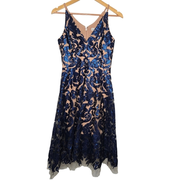 Dress The Population Blair Plunging Fit Flare Formal Sequins Lace Dress Small - Picture 2 of 13